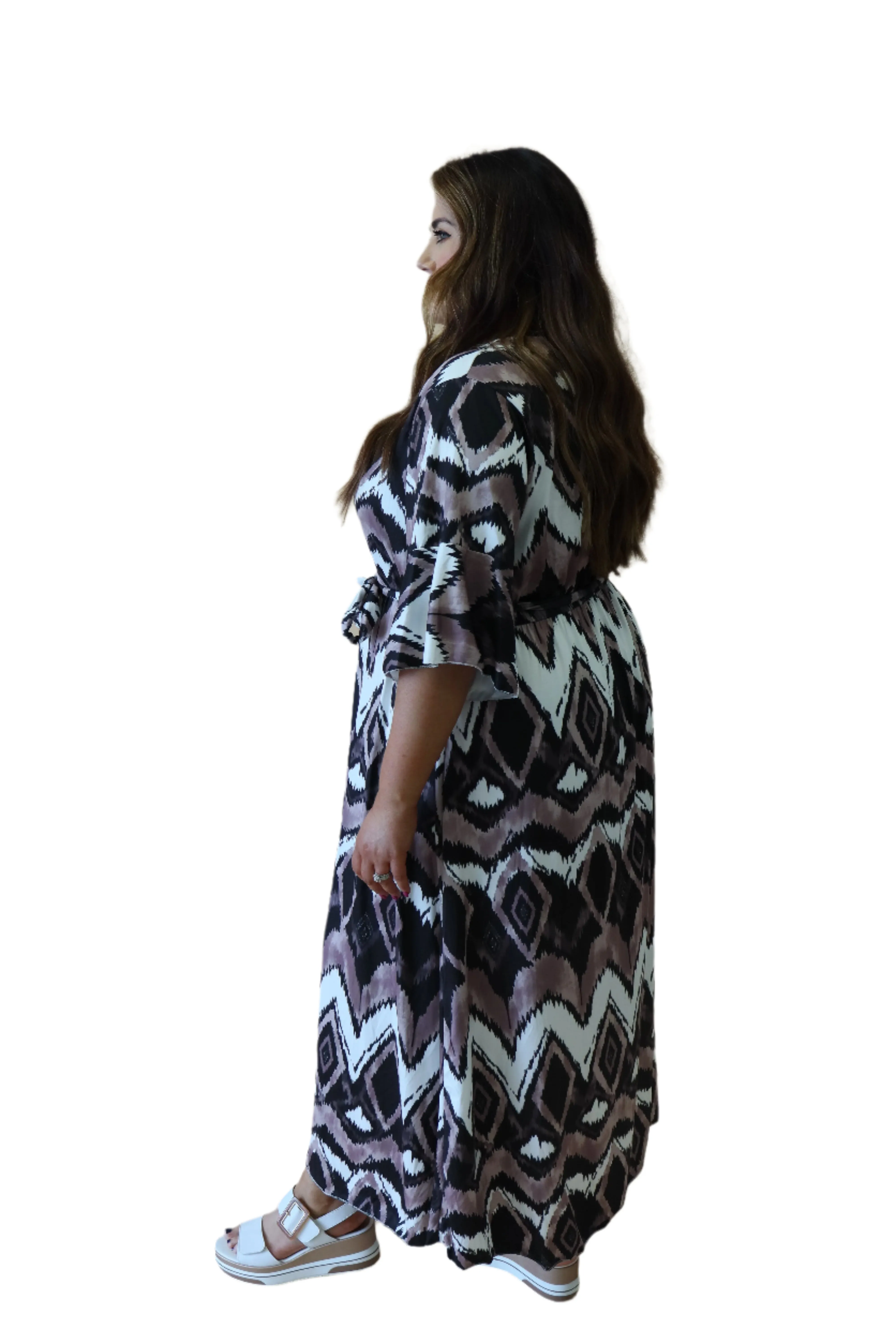Beth Faux Wrap Dress in Brown Print