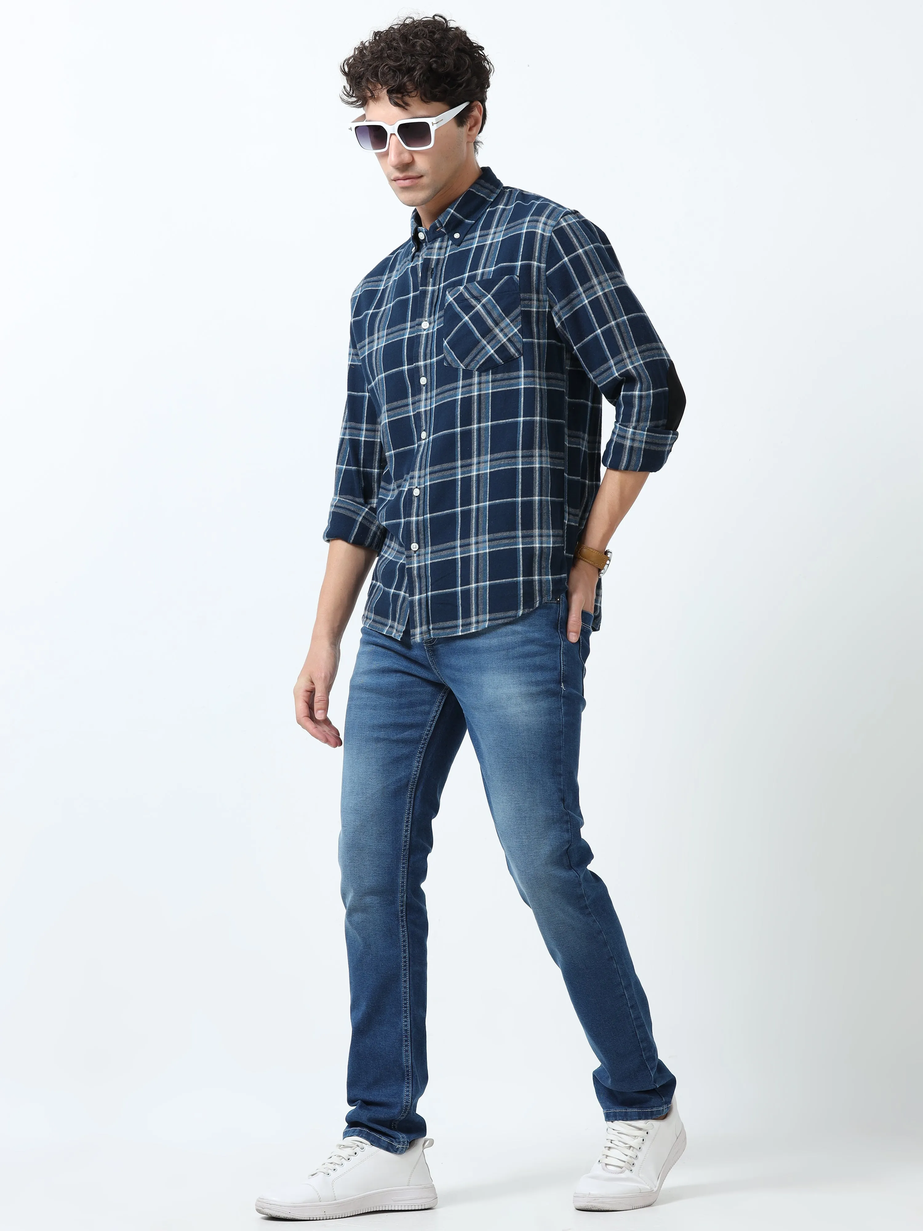 Clio - Brushed Checkered Shirt - Blue and White