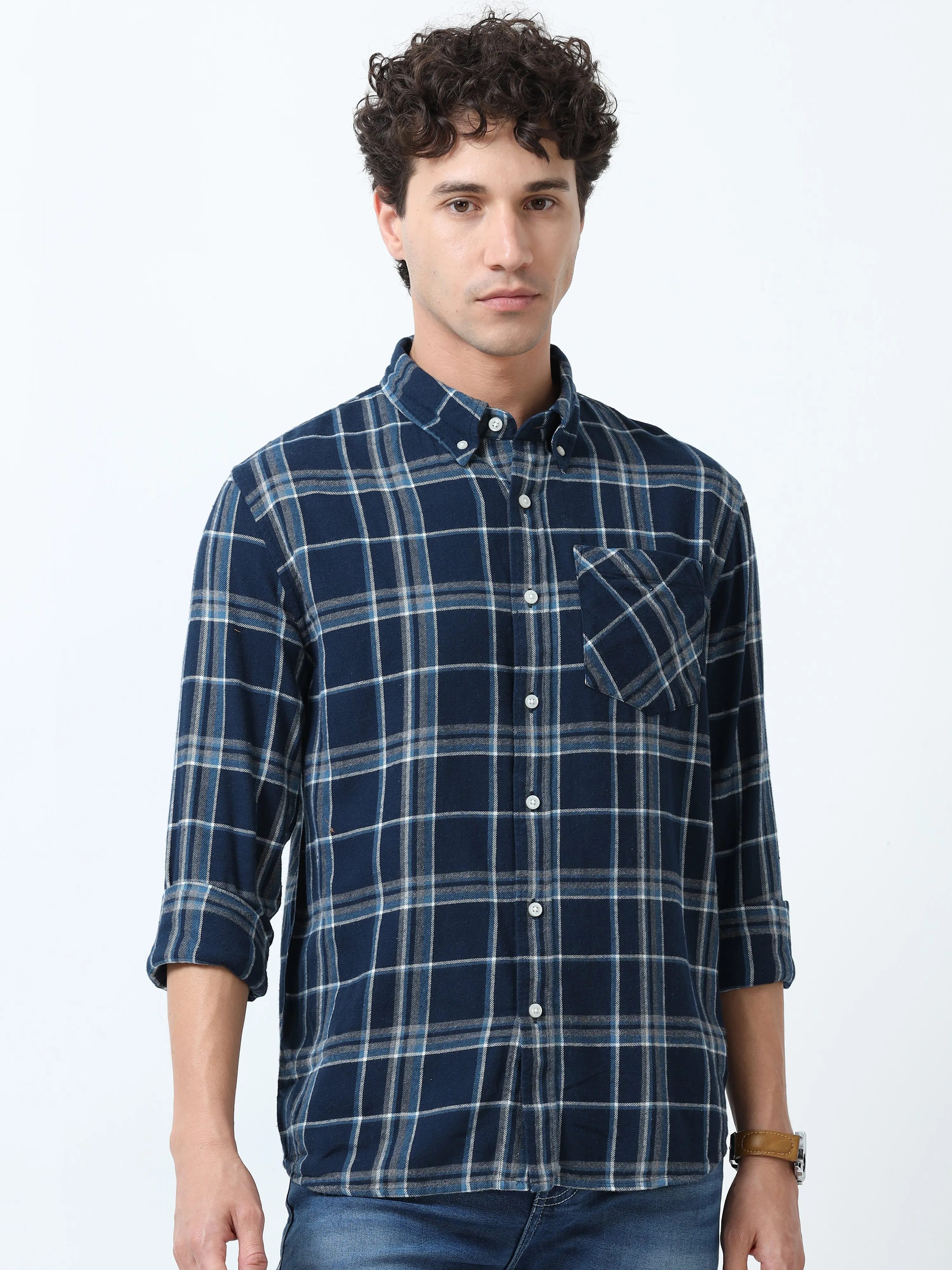 Clio - Brushed Checkered Shirt - Blue and White