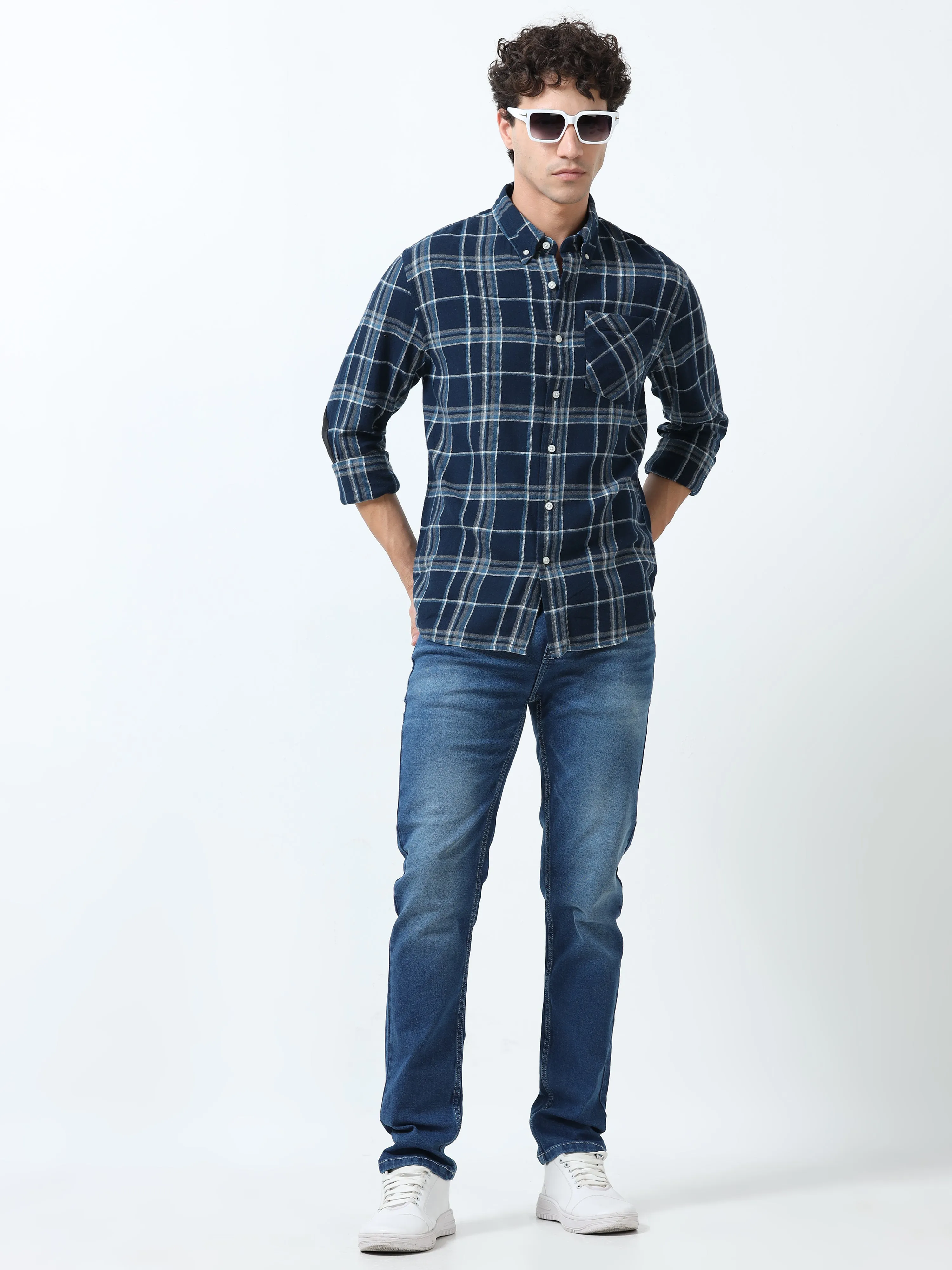 Clio - Brushed Checkered Shirt - Blue and White
