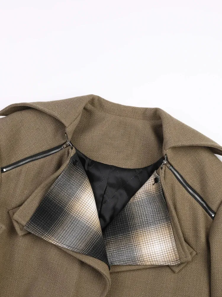 Color-block Irregular Plaid Big Size Woolen Coat Parkas New Lapel Long Sleeve Women Fashion Autumn Winter