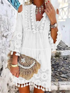 Dunnmall Women's Shift Dress Short Mini Dress - 3/4 Length Sleeve Tassel Fringe Lace Cold Shoulder Summer Hot Casual Boho vacation dresses White Blue Yellow Beige Light Blue S M L XL XXL 3XL-0208808