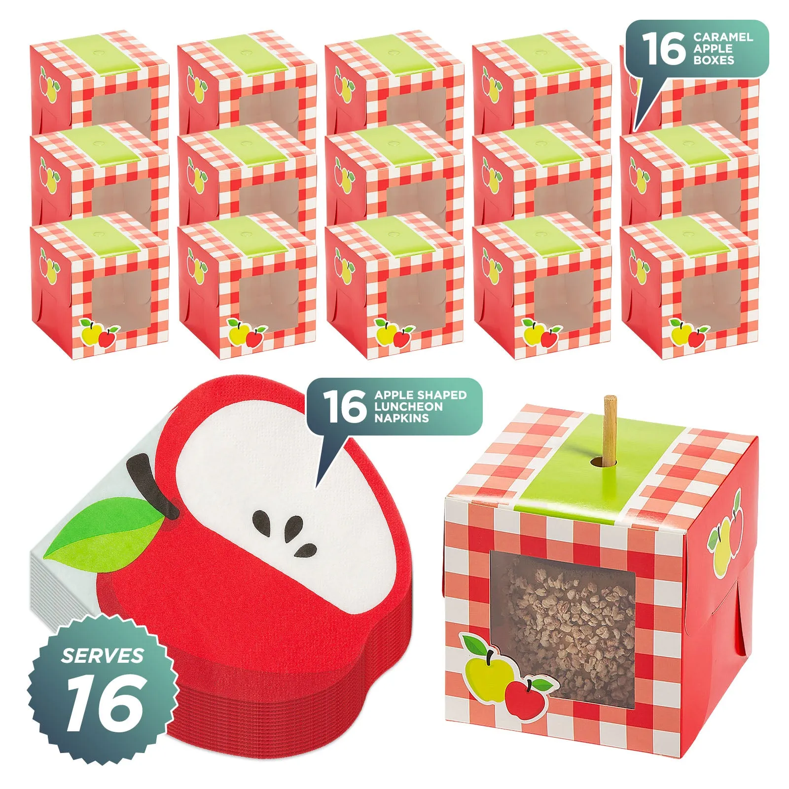 Fall Party Red Checkered Caramel Apple Boxes and Apple Shaped Lunch Napkins (Serves 16)