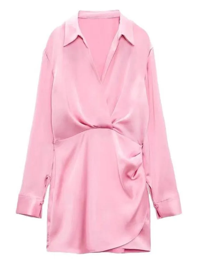Ladies Satin Faux Solid Color Mini Dress 2650