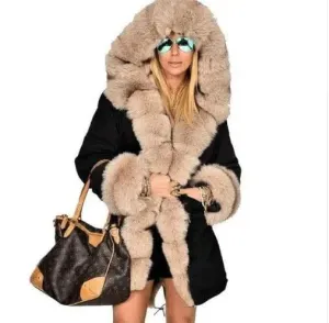 Large fur collar warm coat long hooded coat cotton coat
