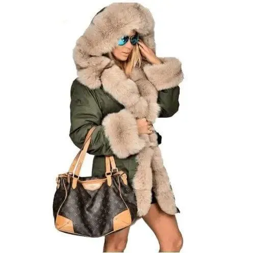 Large fur collar warm coat long hooded coat cotton coat
