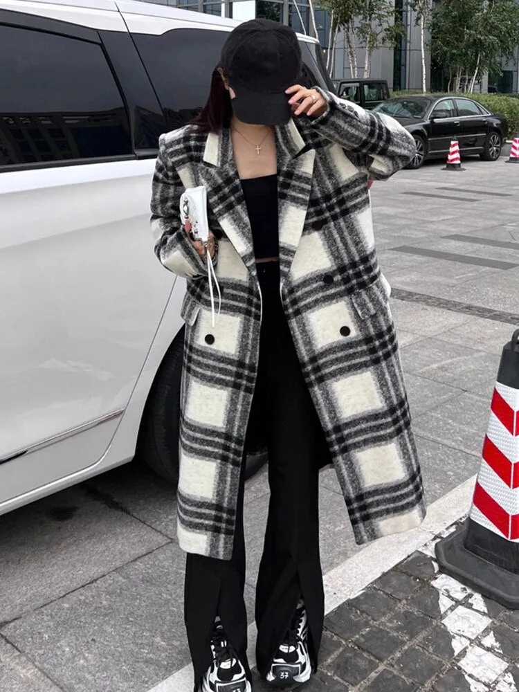Loose Fit White Plaid Big Size Long Woolen Coat Parkas New Long Sleeve Women Fashion Tide Autumn Winter