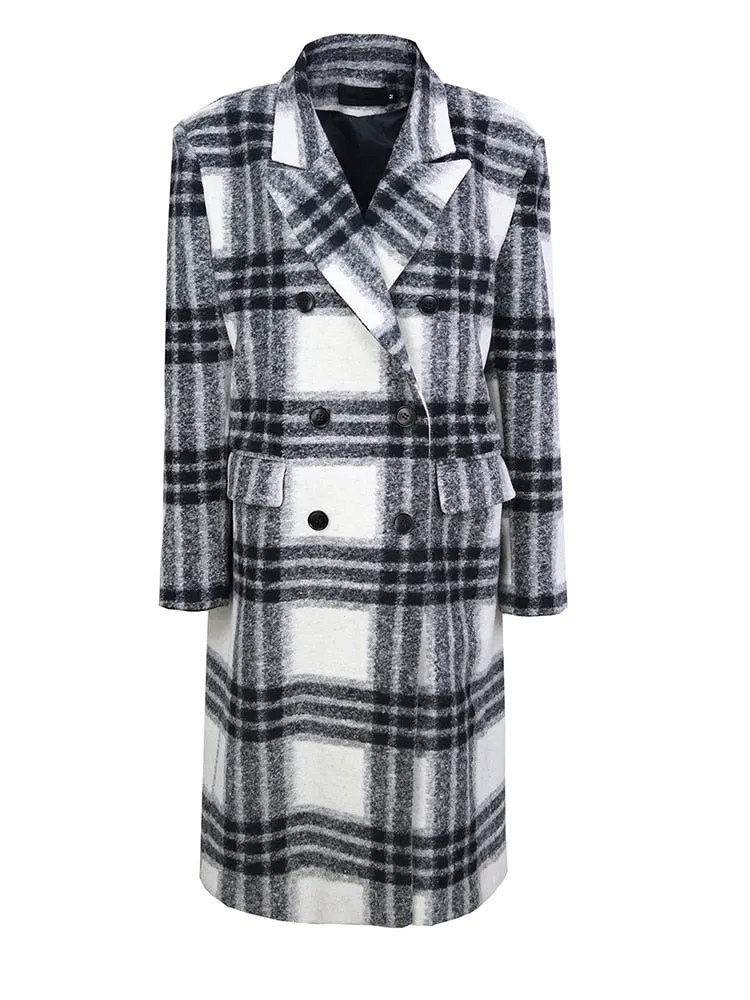 Loose Fit White Plaid Big Size Long Woolen Coat Parkas New Long Sleeve Women Fashion Tide Autumn Winter