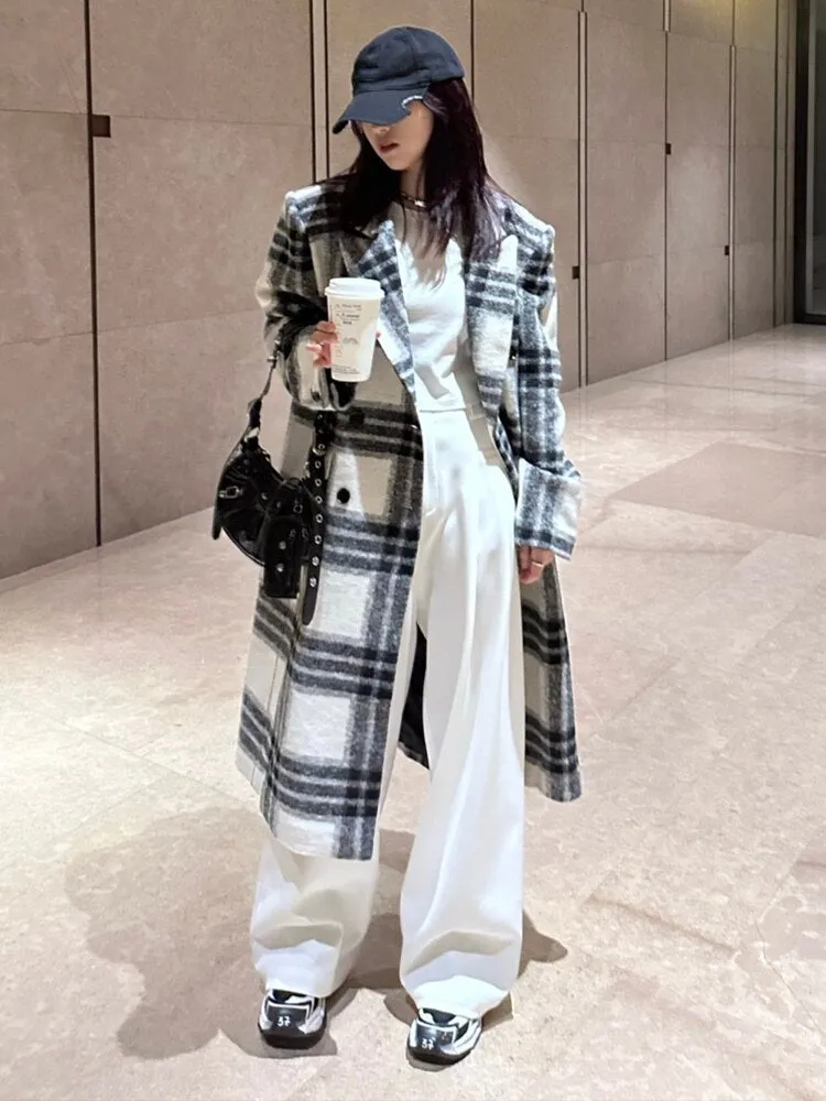 Loose Fit White Plaid Big Size Long Woolen Coat Parkas New Long Sleeve Women Fashion Tide Autumn Winter