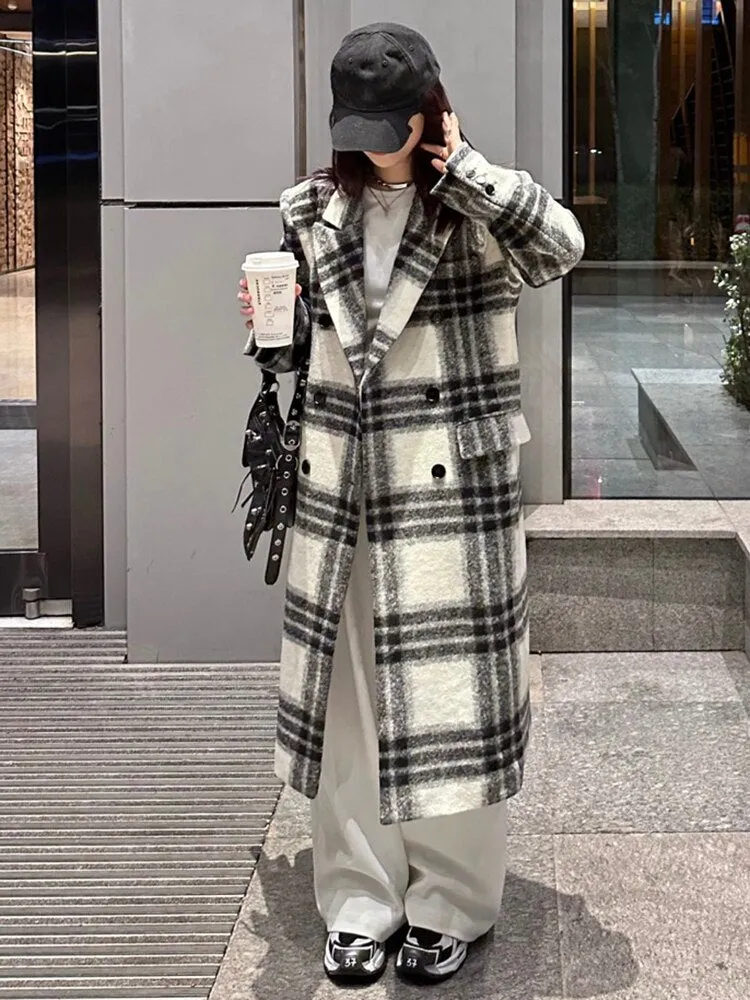 Loose Fit White Plaid Big Size Long Woolen Coat Parkas New Long Sleeve Women Fashion Tide Autumn Winter
