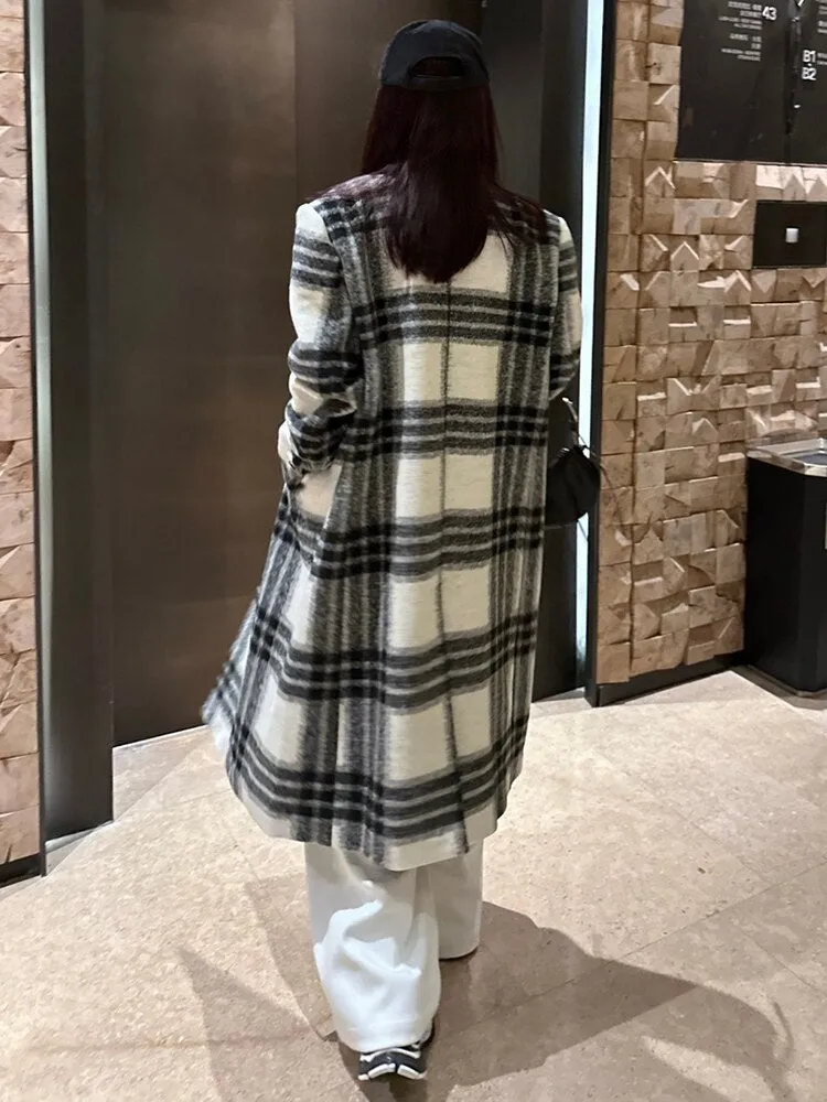 Loose Fit White Plaid Big Size Long Woolen Coat Parkas New Long Sleeve Women Fashion Tide Autumn Winter