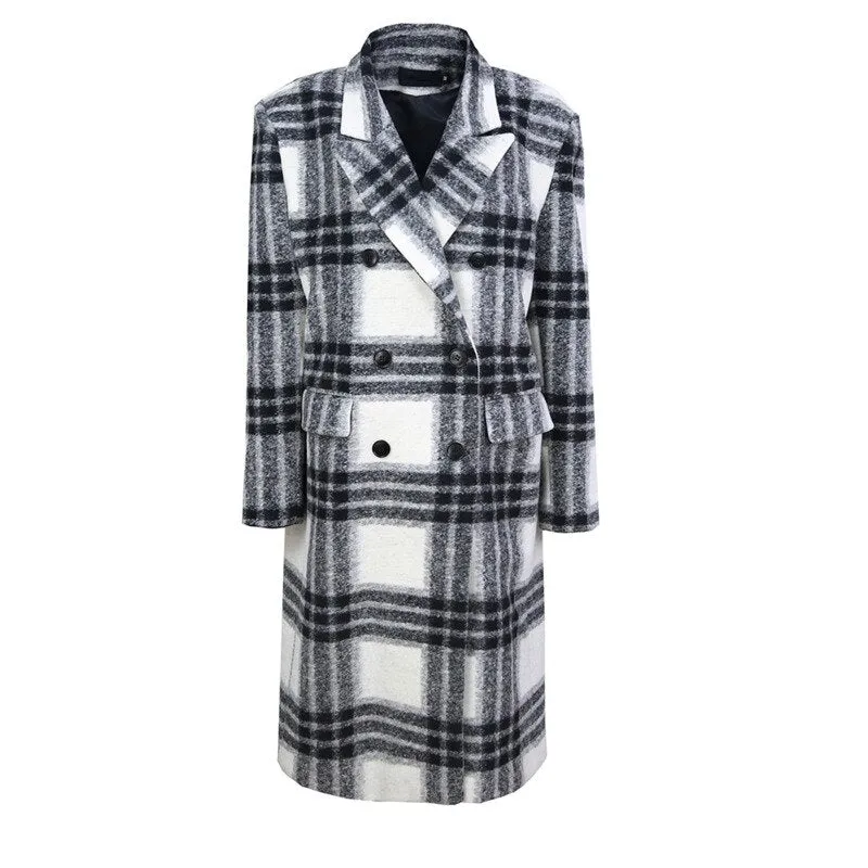 Loose Fit White Plaid Big Size Long Woolen Coat Parkas New Long Sleeve Women Fashion Tide Autumn Winter