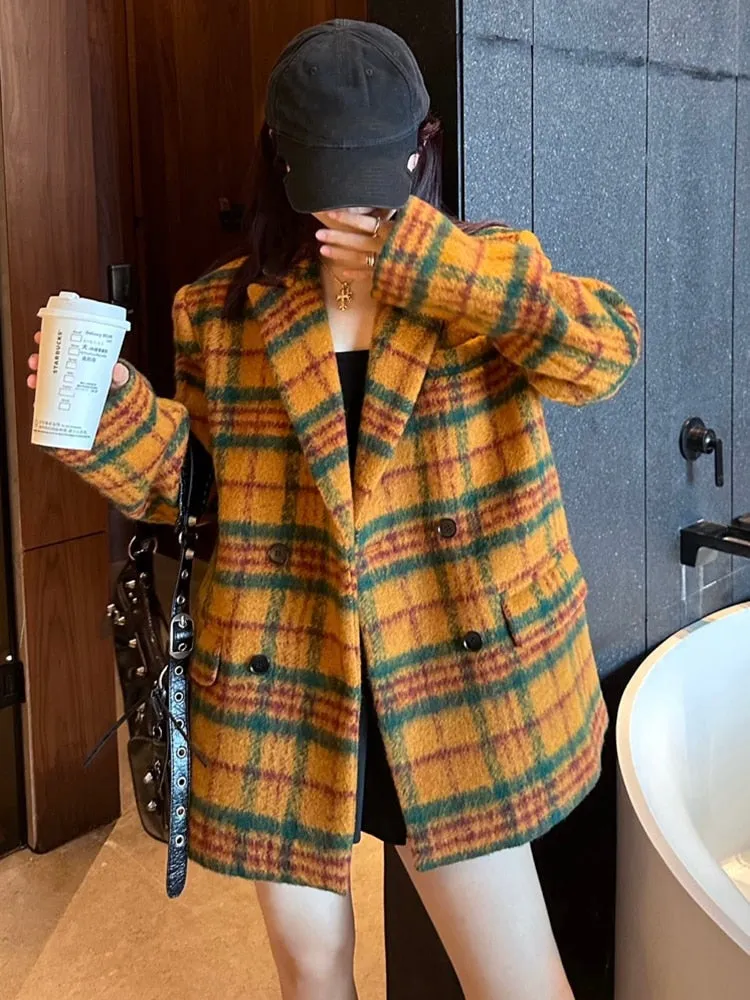 Loose Fit Yellow Plaid Big Size Casual Woolen Coat Parkas New Long Sleeve Women Fashion Trend Autumn Winter