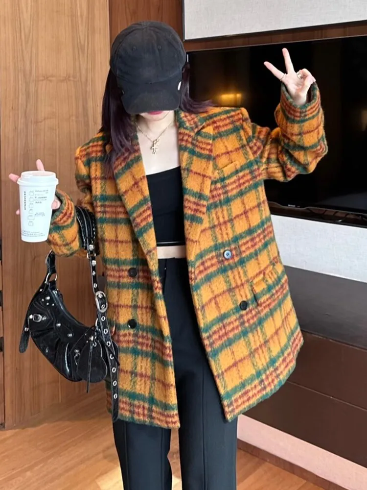 Loose Fit Yellow Plaid Big Size Casual Woolen Coat Parkas New Long Sleeve Women Fashion Trend Autumn Winter