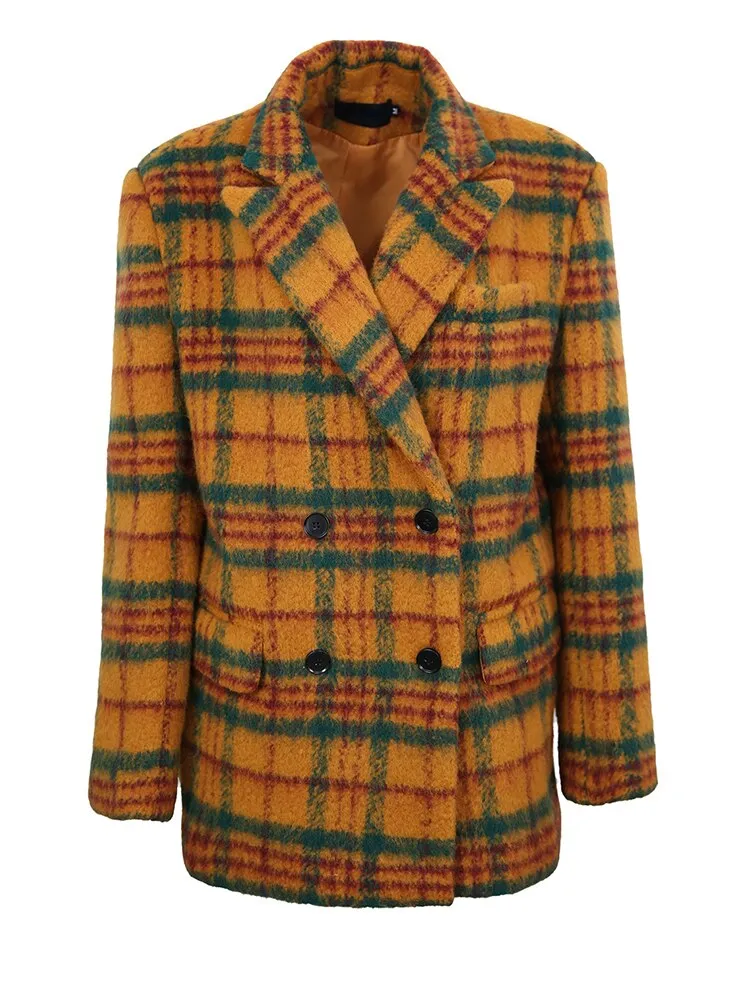 Loose Fit Yellow Plaid Big Size Casual Woolen Coat Parkas New Long Sleeve Women Fashion Trend Autumn Winter