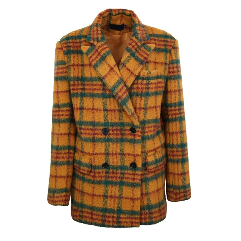 Loose Fit Yellow Plaid Big Size Casual Woolen Coat Parkas New Long Sleeve Women Fashion Trend Autumn Winter