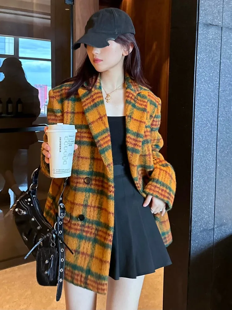 Loose Fit Yellow Plaid Big Size Casual Woolen Coat Parkas New Long Sleeve Women Fashion Trend Autumn Winter