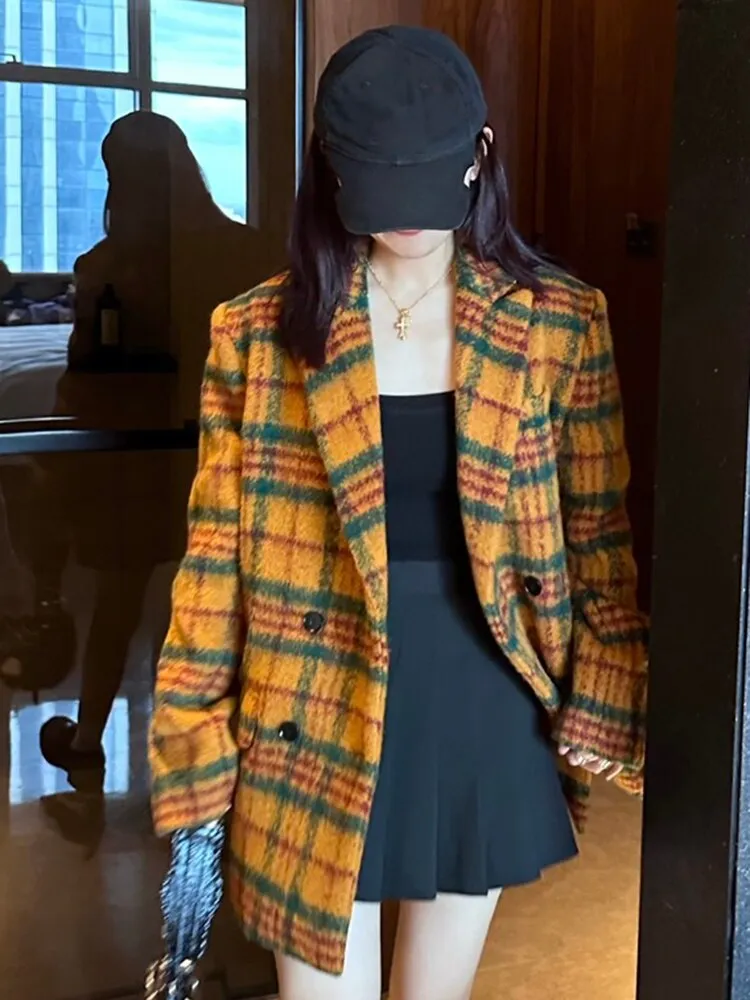 Loose Fit Yellow Plaid Big Size Casual Woolen Coat Parkas New Long Sleeve Women Fashion Trend Autumn Winter