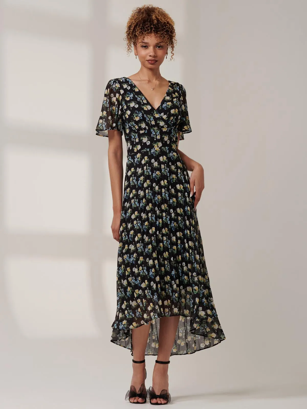 Meagan V-Neck Chiffon Maxi Dress, Black Floral