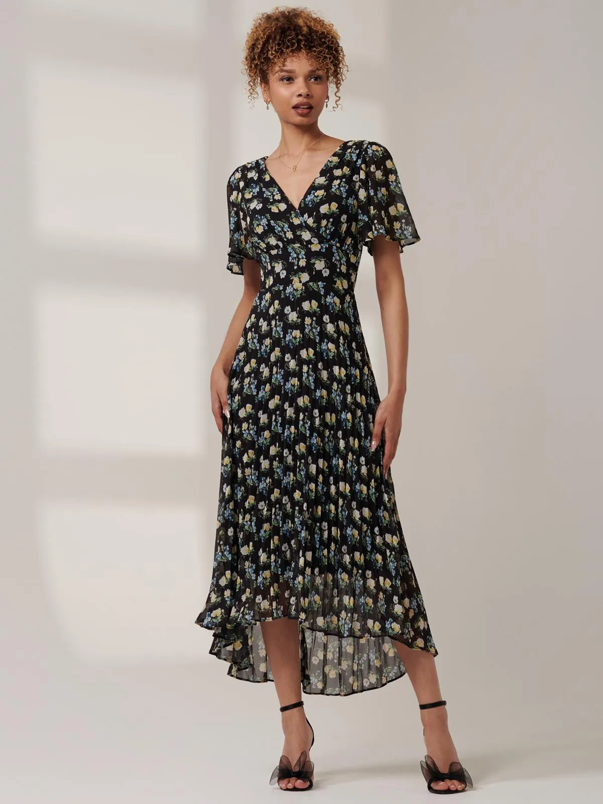 Meagan V-Neck Chiffon Maxi Dress, Black Floral