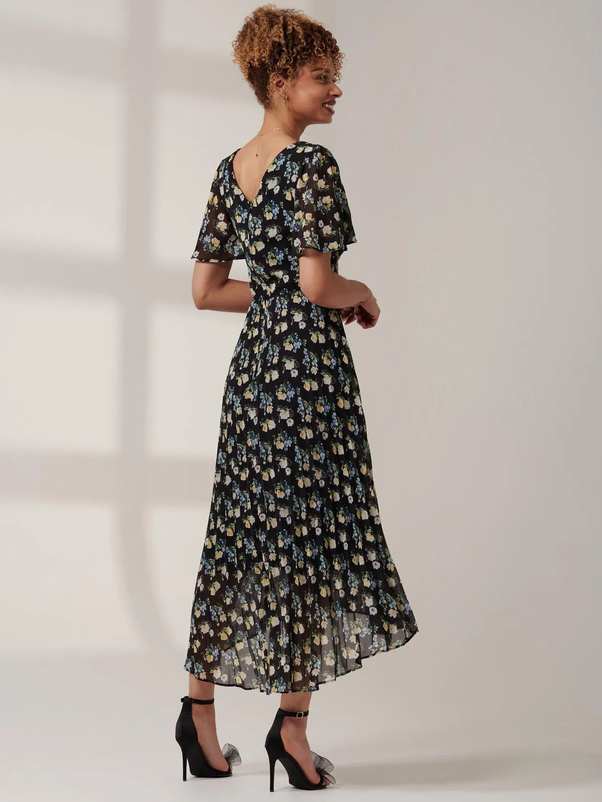 Meagan V-Neck Chiffon Maxi Dress, Black Floral