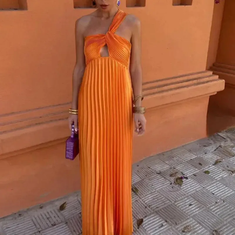 Pleated Slim Solid Hollow Banquet Summer Asymmetrical Dress