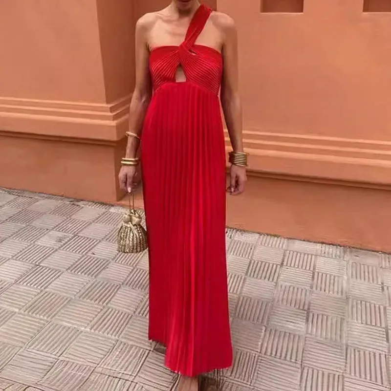 Pleated Slim Solid Hollow Banquet Summer Asymmetrical Dress