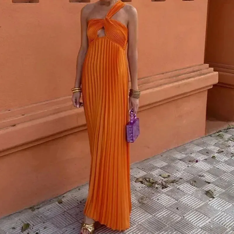 Pleated Slim Solid Hollow Banquet Summer Asymmetrical Dress