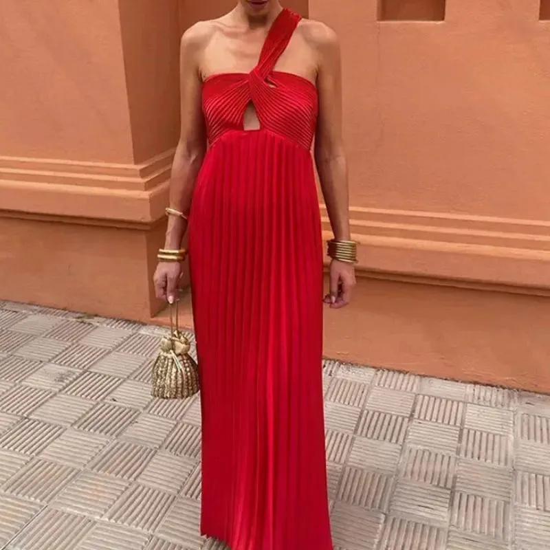 Pleated Slim Solid Hollow Banquet Summer Asymmetrical Dress