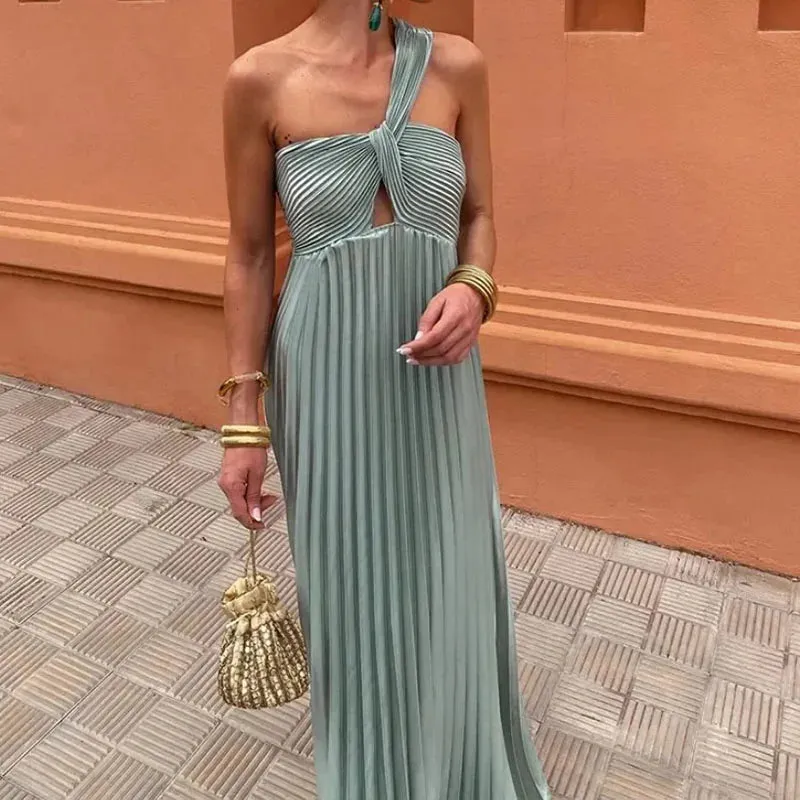Pleated Slim Solid Hollow Banquet Summer Asymmetrical Dress