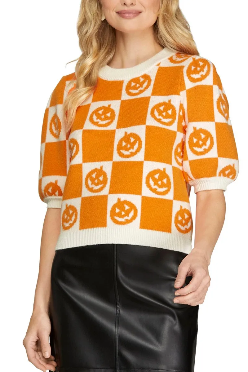 Short Sleeve Pumpkin Checkered Top - Pumpkin