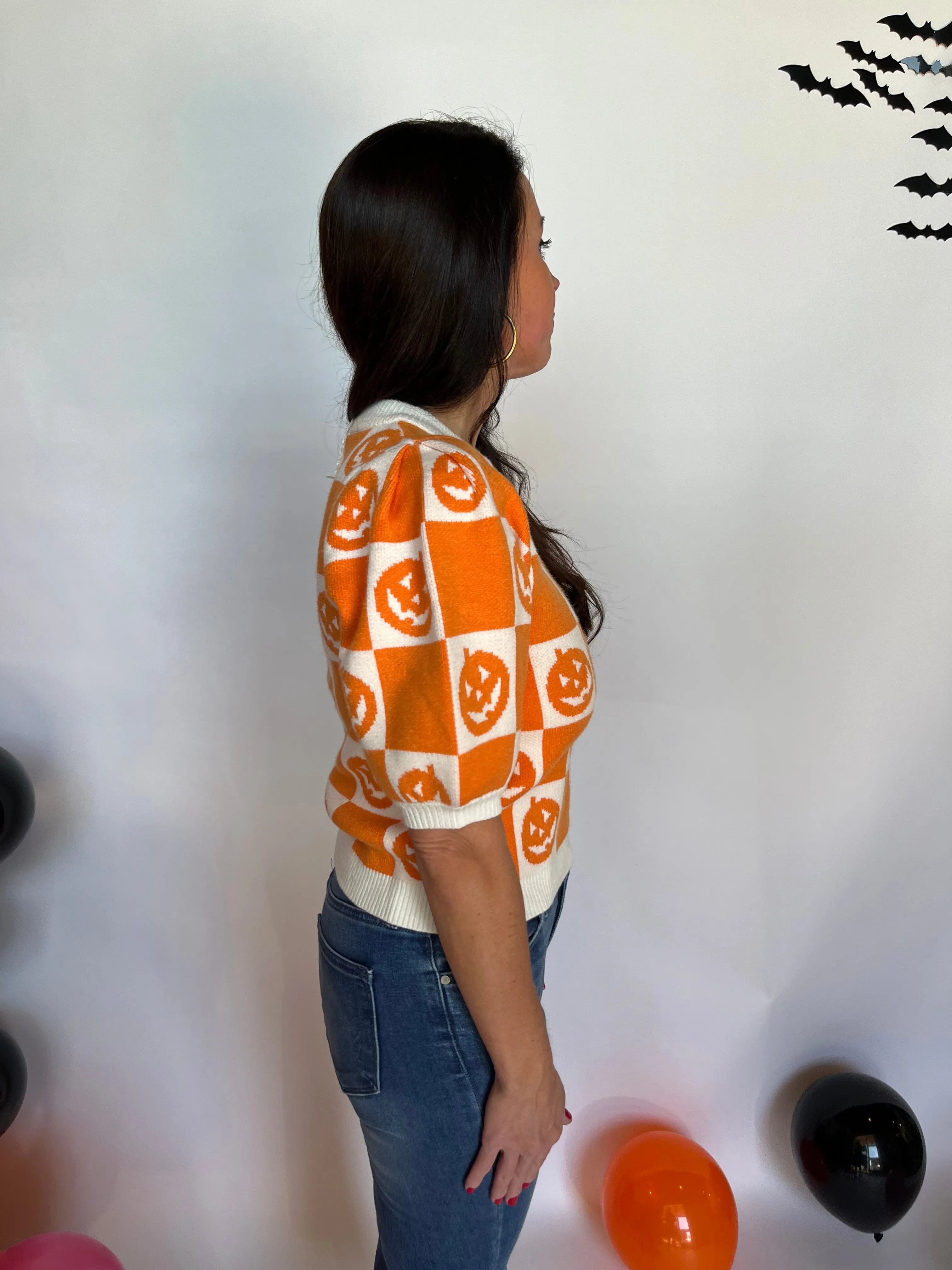 Short Sleeve Pumpkin Checkered Top - Pumpkin