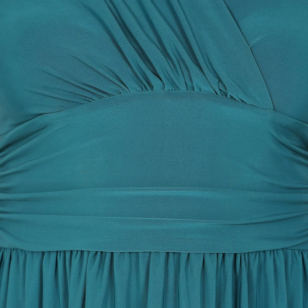 Teal Wrap Top & Pleated Skirt Swing Dress With Butterfly Sleeves