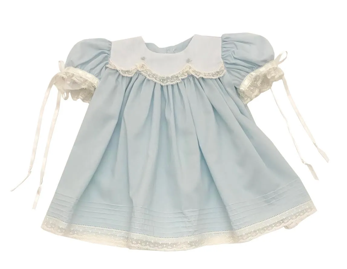 Treasured Memories Blue Dress w/ Blue Rosettes & Ecru Lace/Ribbon 1902 BL/EC