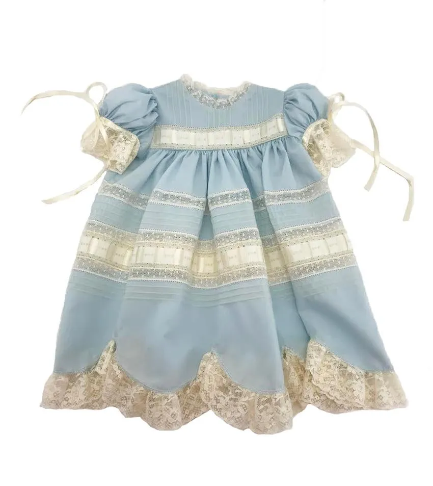 Treasured Memories Blue Dress w/ Ecru Lace & Ribbon X0101 B/E