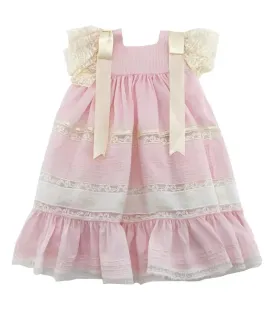 Treasured Memories Pink Dress w/ Ecru Lace & Large Ecru Satin Ribbon 1630 PINK/ECRU
