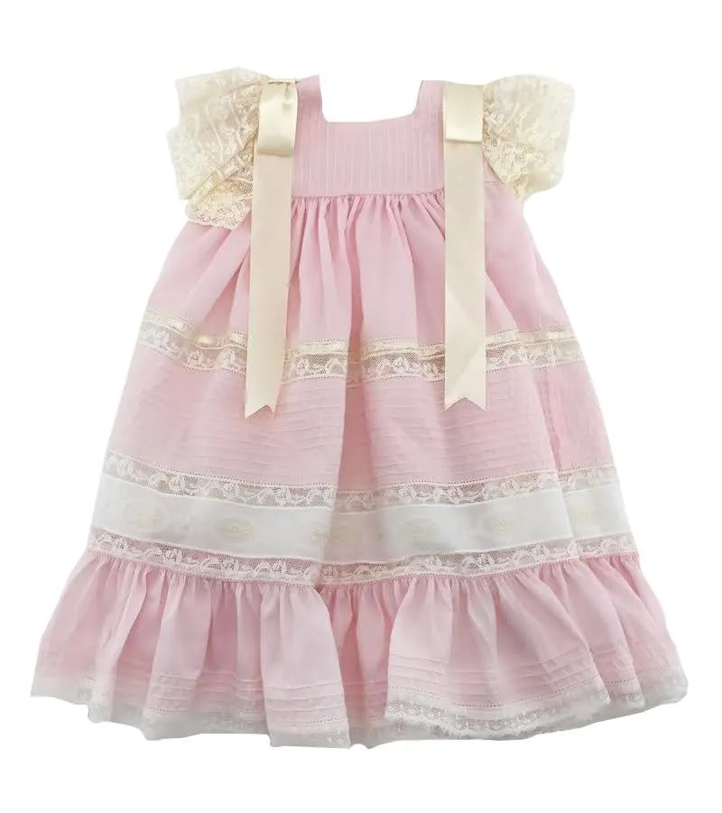 Treasured Memories Pink Dress w/ Ecru Lace & Large Ecru Satin Ribbon 1630 PINK/ECRU