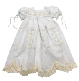 Treasured Memories White Dress w/ Ecru Lace, Ribbon Embroidery & Blue Ribbon S1802 WH/EC 5008